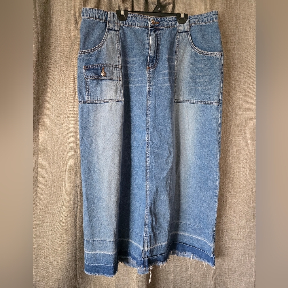 Sunshine Apparel Vtg Y2k Denim Maxi Skirt Plus Size 18W Raw Hem High Waisted